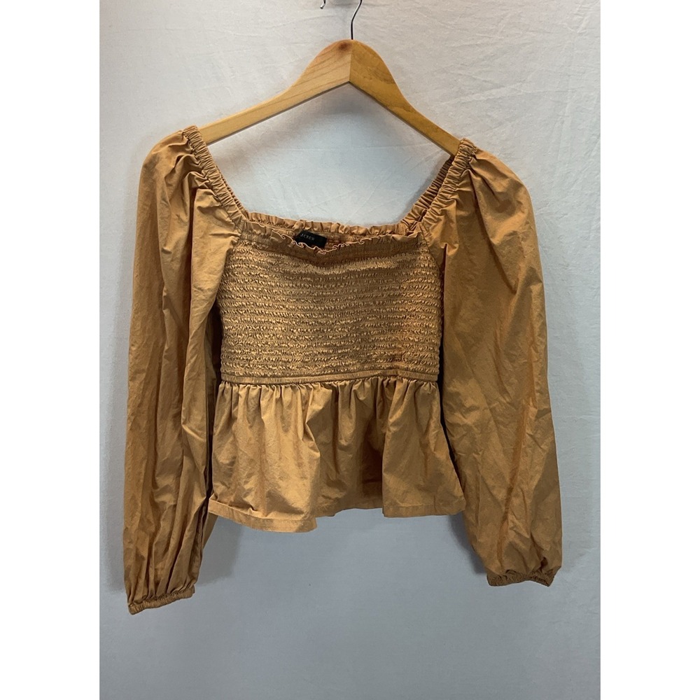 J. Crew Cotton Poplin Tan Smocked Top with Puff Sleeves Size S Square neck